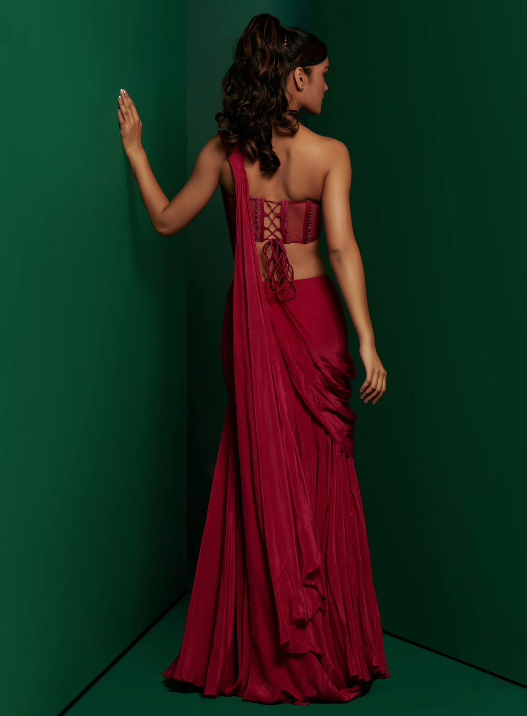 Fuchsia Pink corset with drape skirt and embellished cape