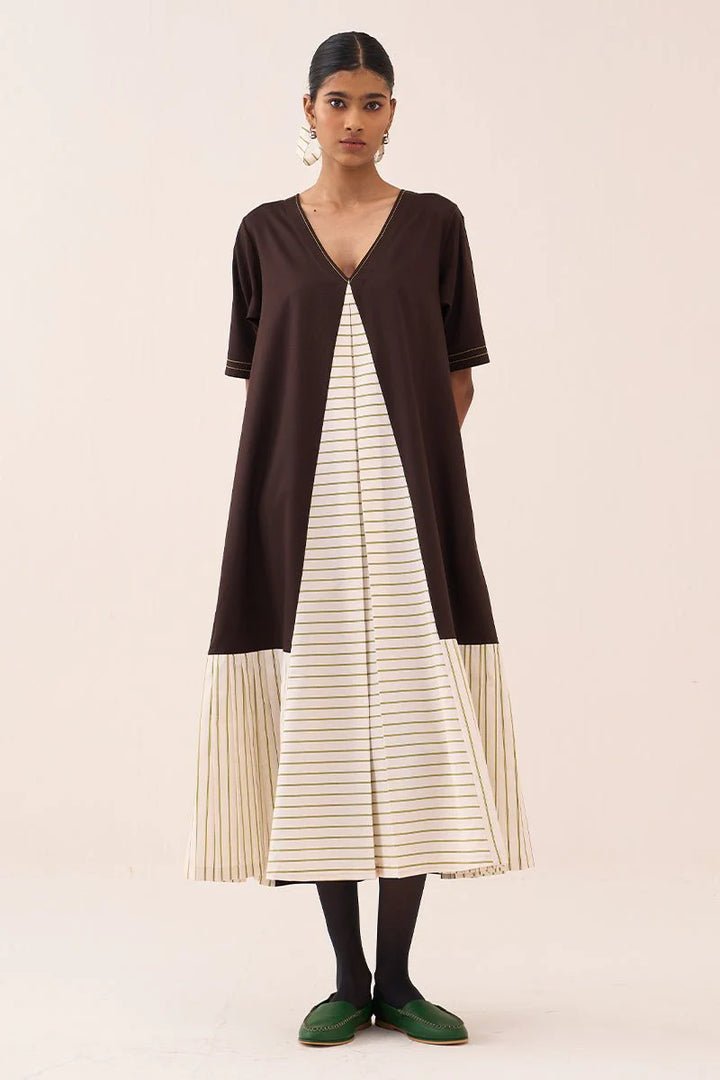 Front Pleat Stripe Panel Dress