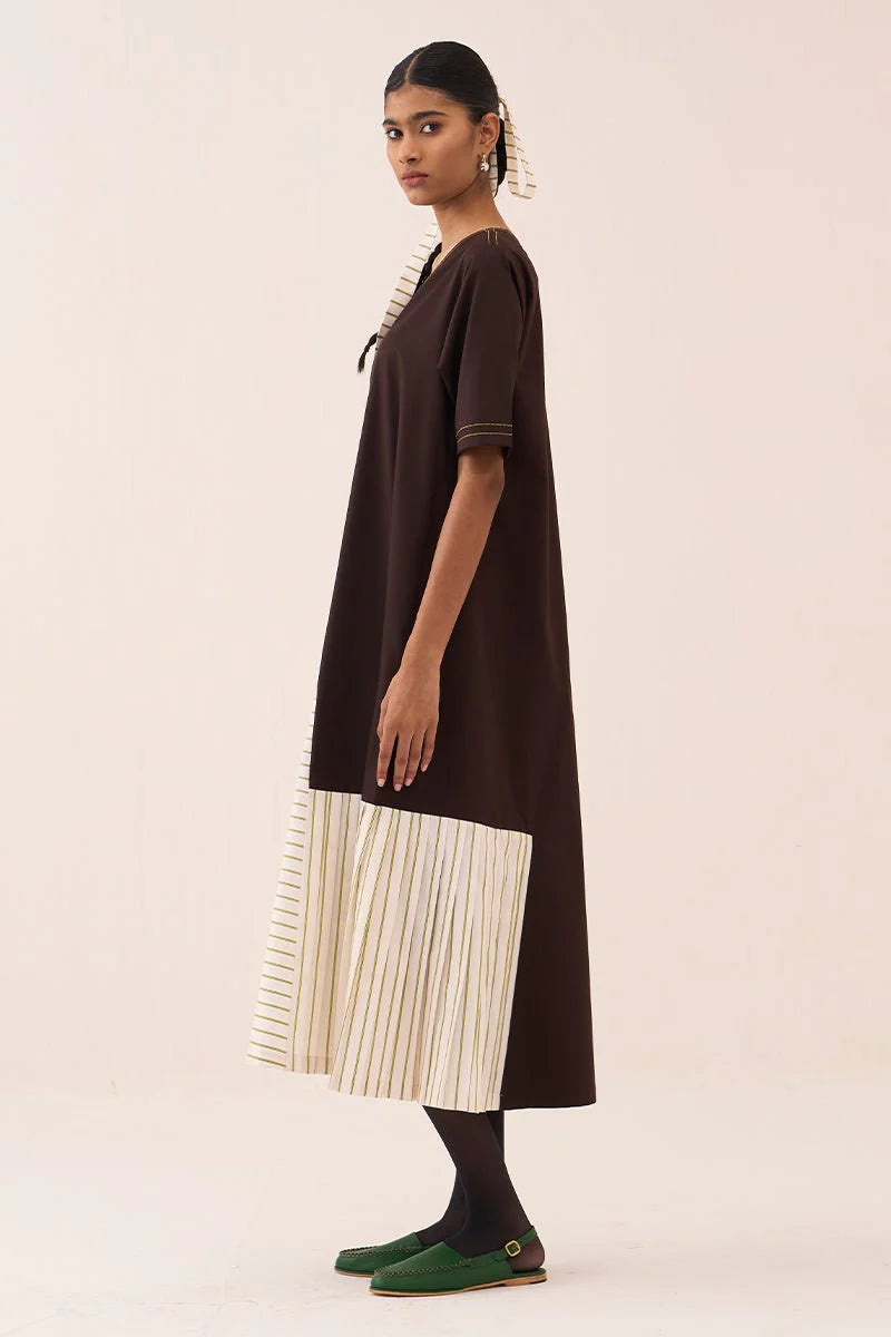 Front Pleat Stripe Panel Dress