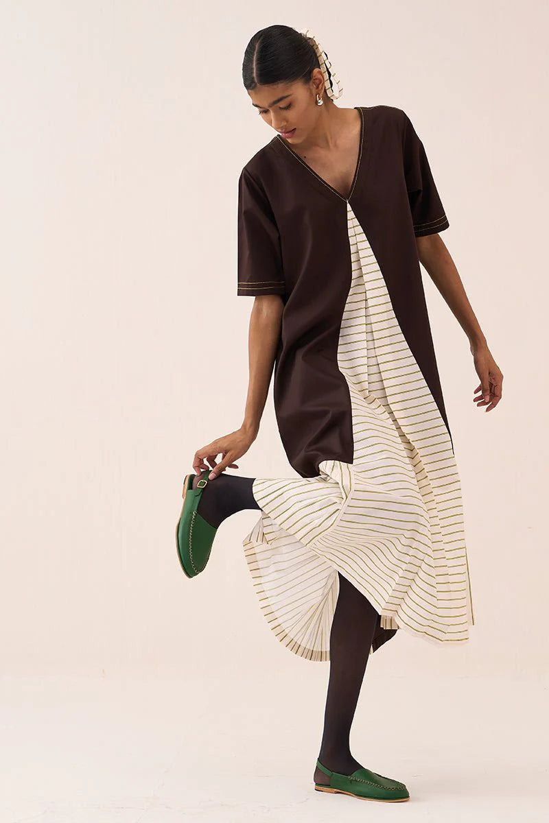 Front Pleat Stripe Panel Dress