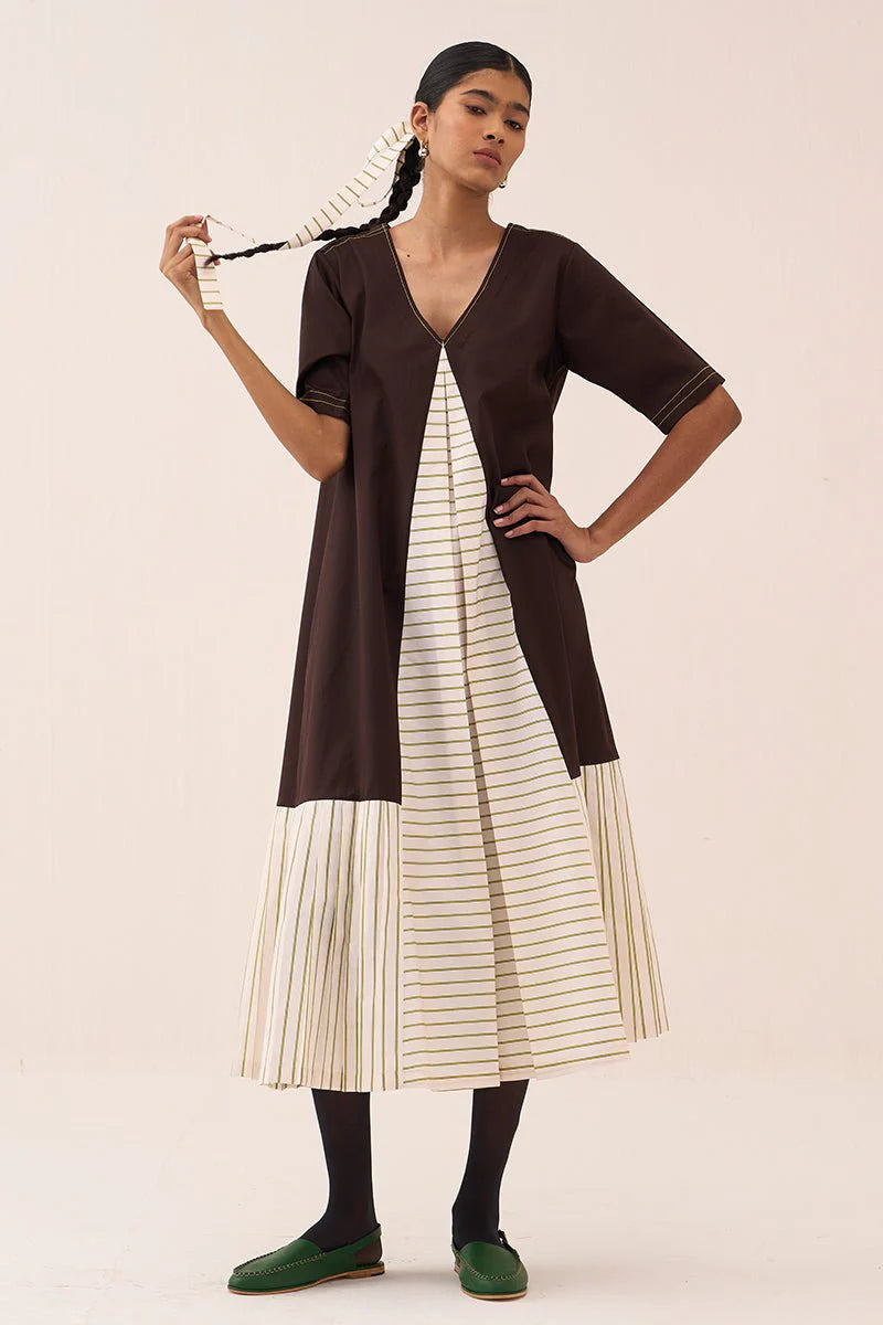 Front Pleat Stripe Panel Dress