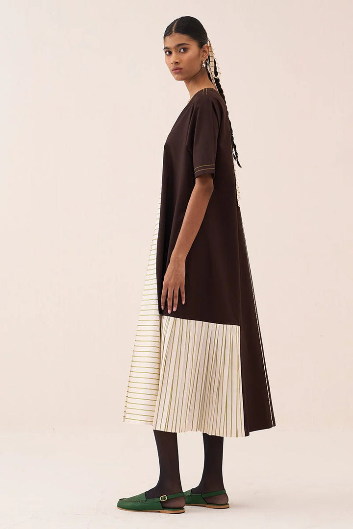 Front Pleat Stripe Panel Dress