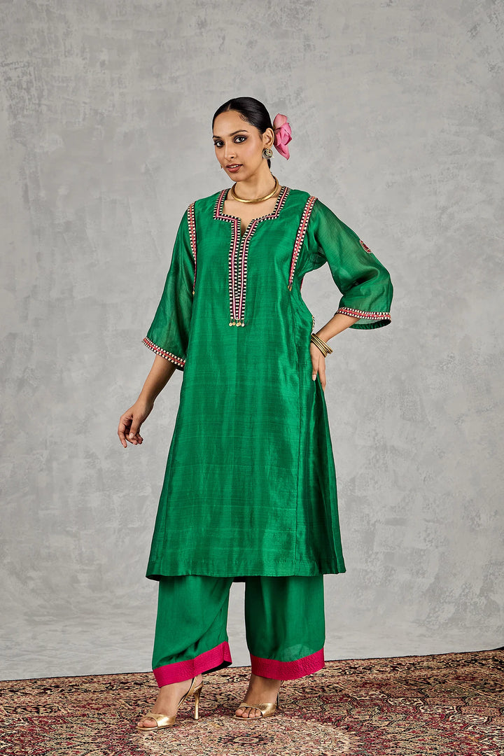 Green B/w Embroidery Choga Set