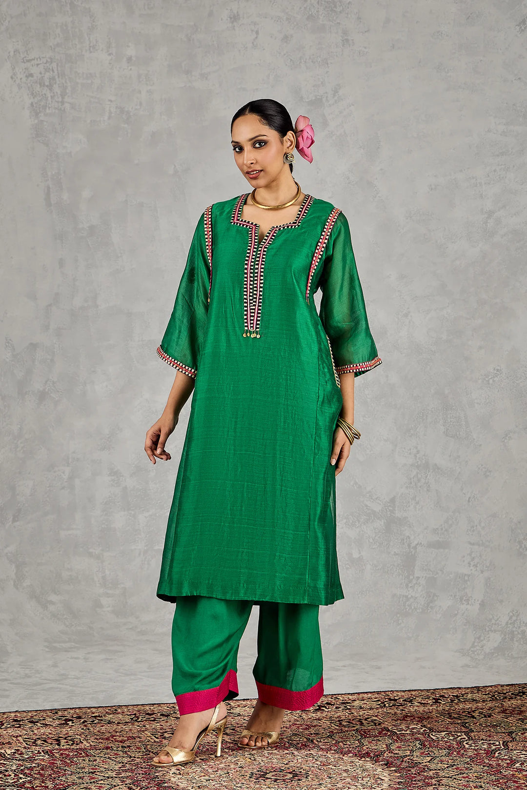 Green B/w Embroidery Choga Set