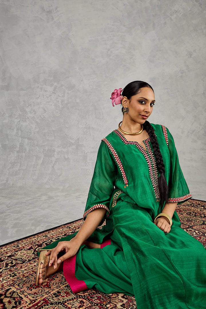 Green B/w Embroidery Choga Set