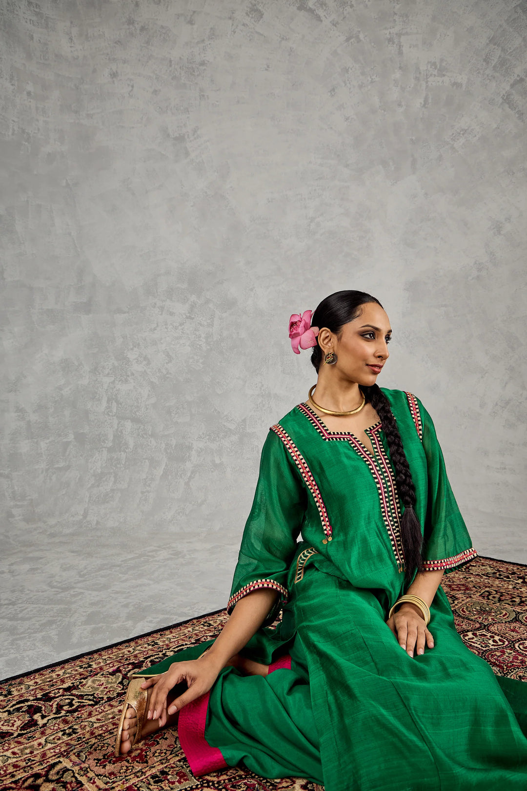 Green B/w Embroidery Choga Set