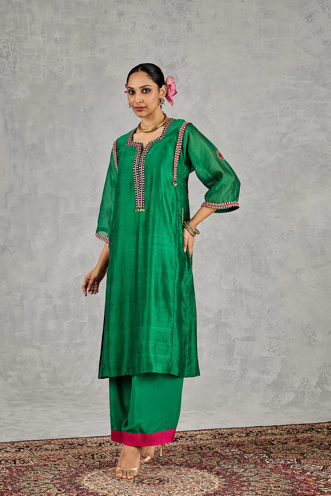 Green B/w Embroidery Choga Set