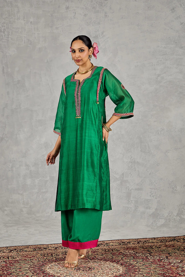 Green B/w Embroidery Choga Set
