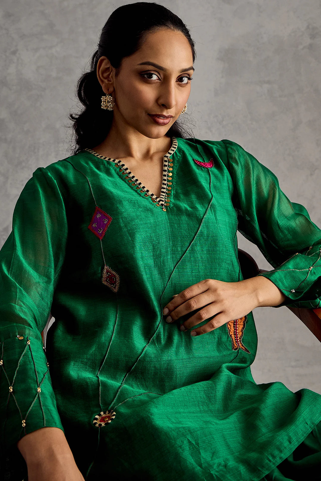 Green Fish Patch Embroidery Short Tunic Set