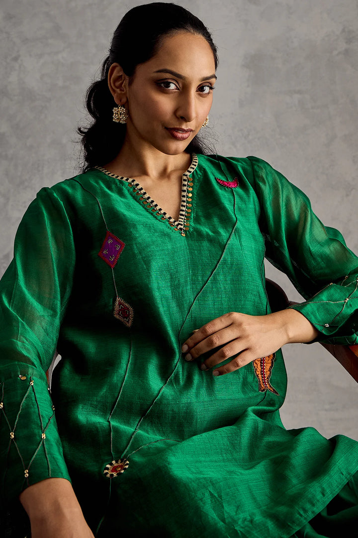 Green Fish Patch Embroidery Short Tunic Set