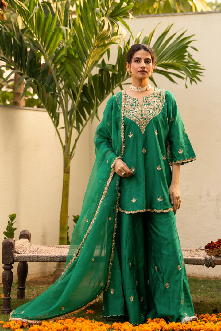 Green moti daman sharara set