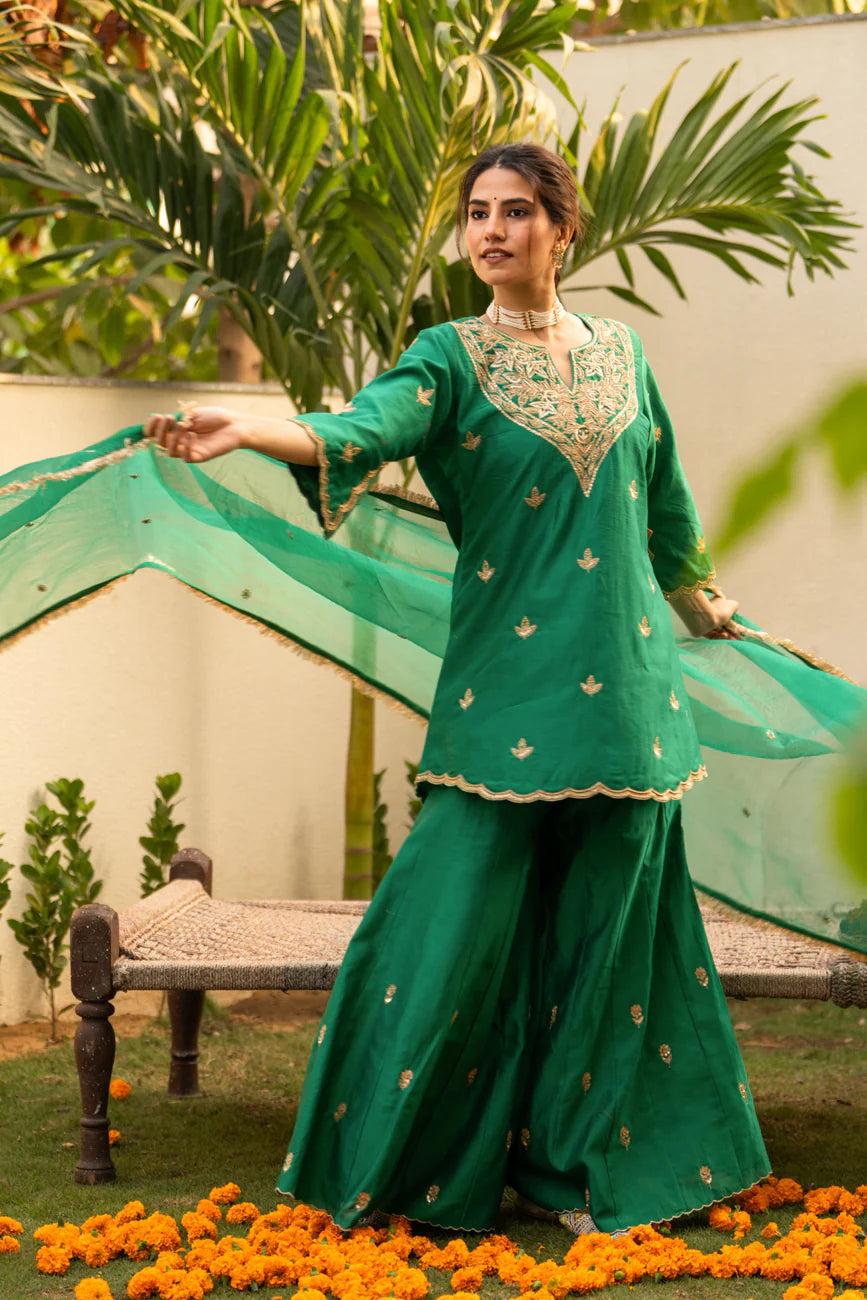 Green moti daman sharara set