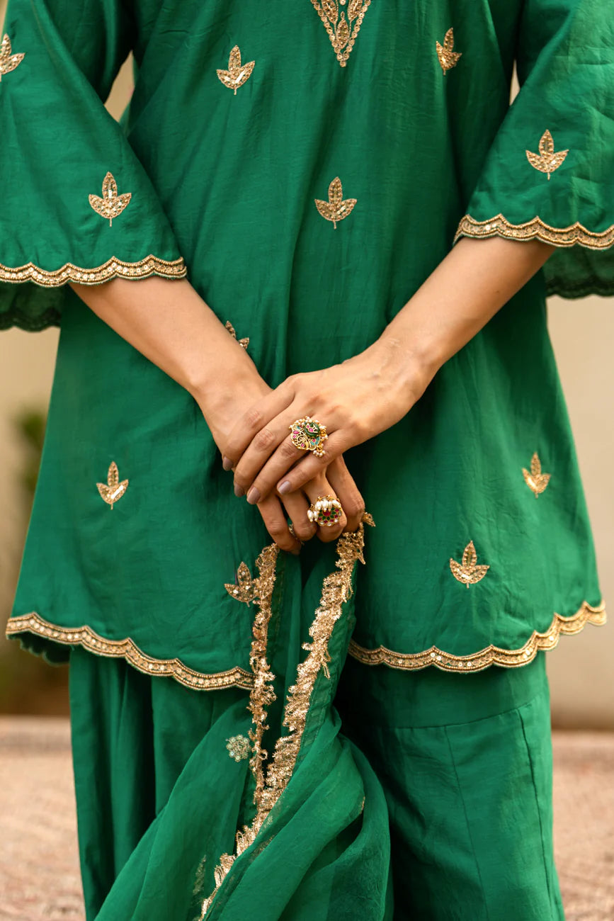 Green moti daman sharara set