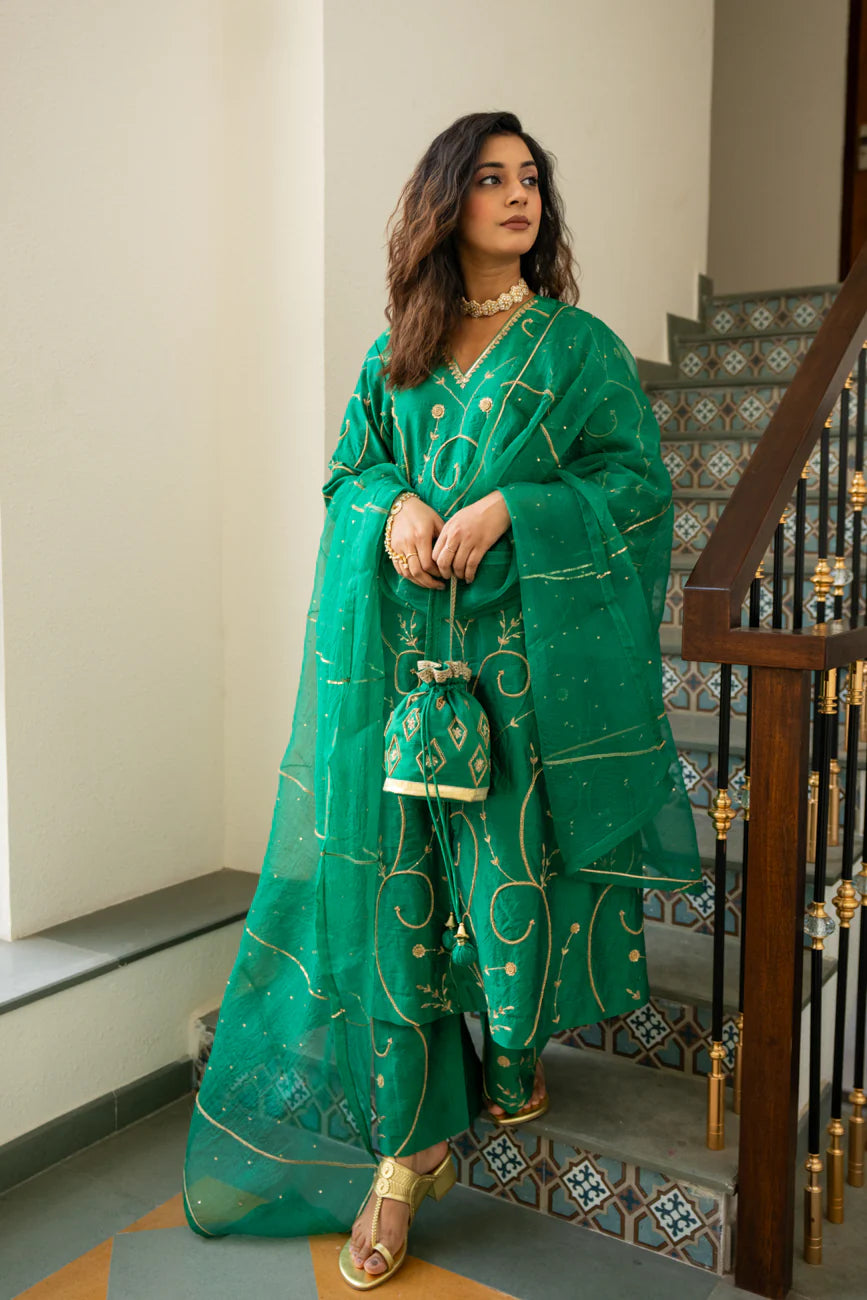 Green moti jaal A-line Kurta Set