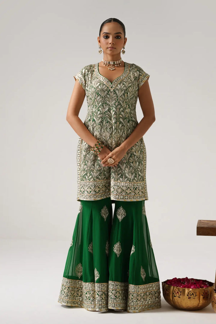 Dilruba - Short Kurta Sharara Set - Green