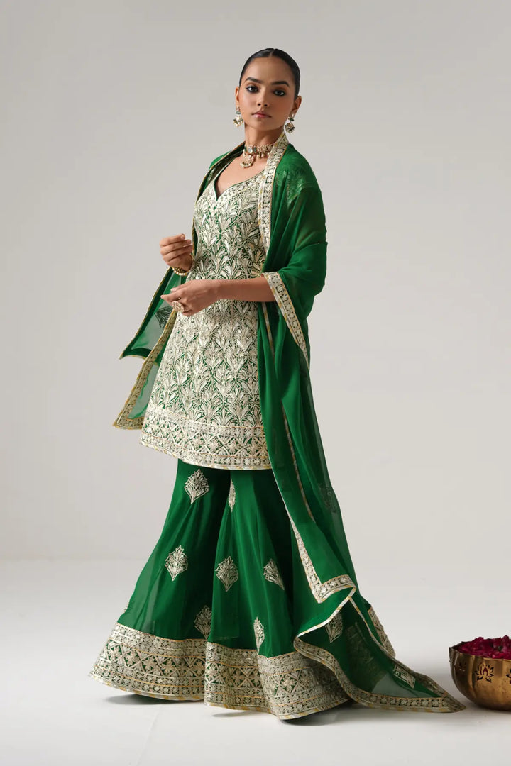 Dilruba - Short Kurta Sharara Set - Green