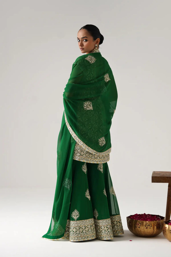 Dilruba - Short Kurta Sharara Set - Green