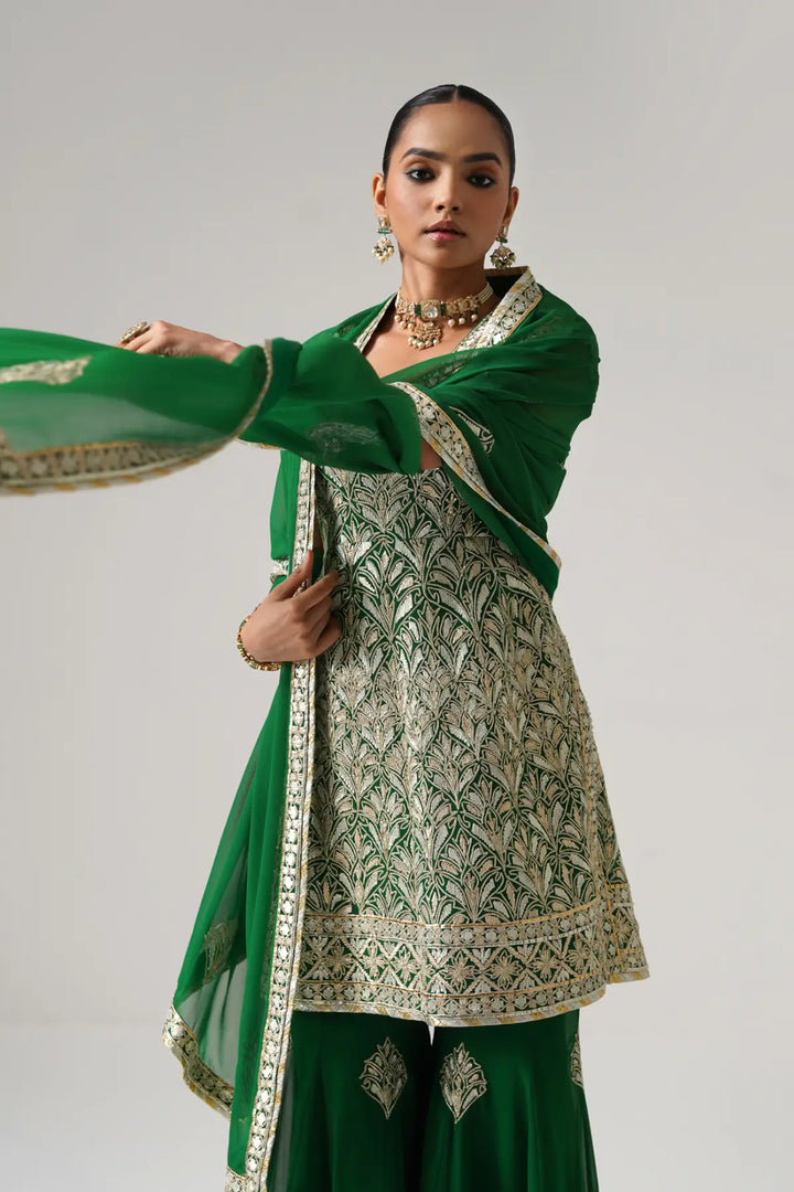 Dilruba - Short Kurta Sharara Set - Green