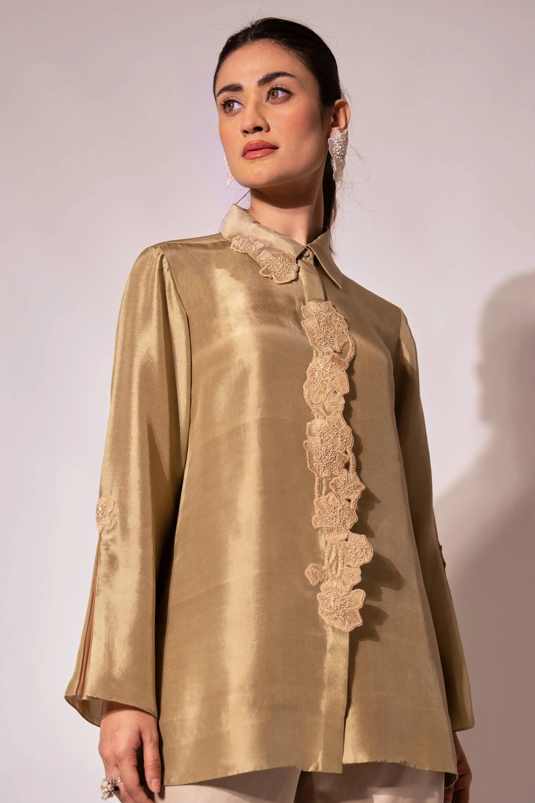 Green Front Placket Silk Shirt