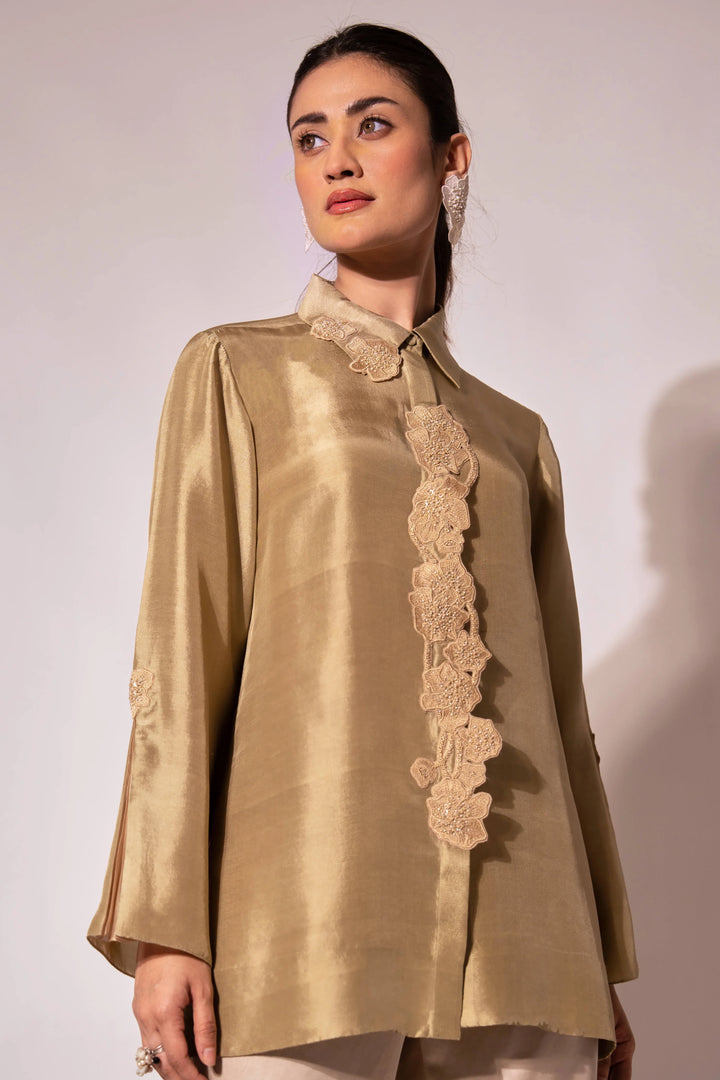 Green Front Placket Silk Shirt