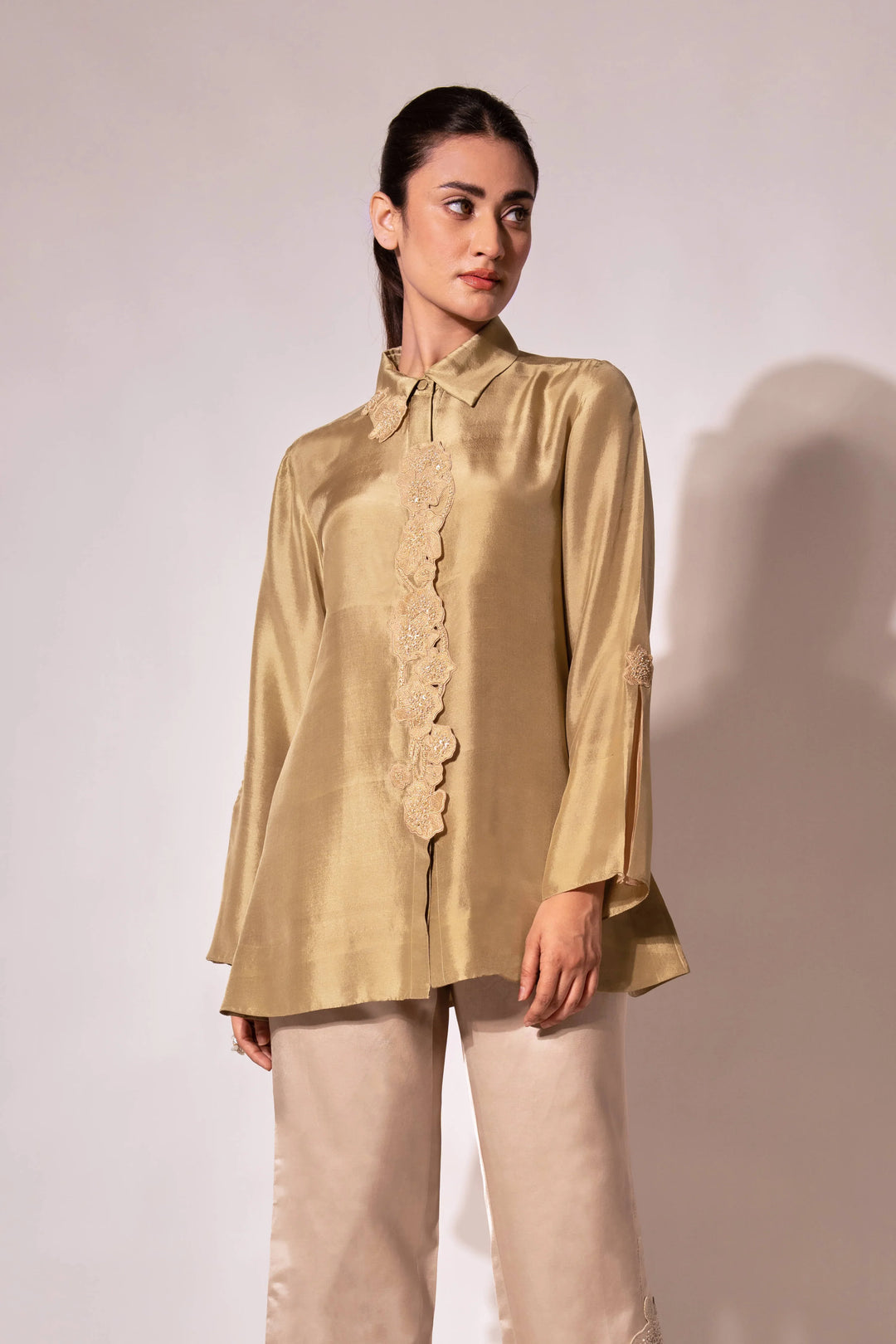 Green Front Placket Silk Shirt