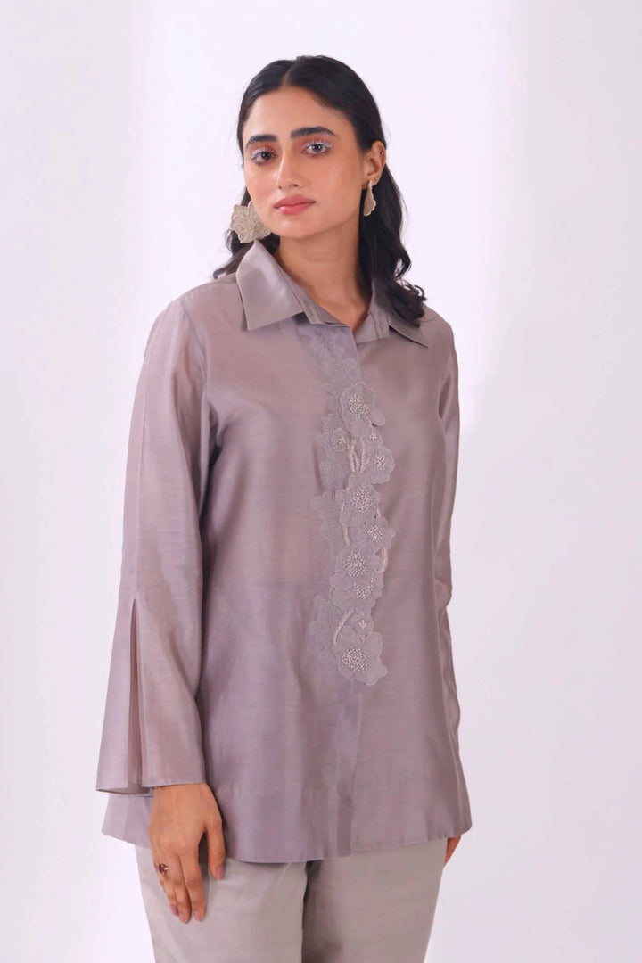 Grey Front Placket Chanderi Shirt