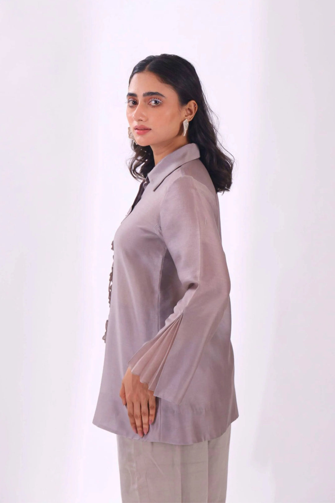 Grey Front Placket Chanderi Shirt
