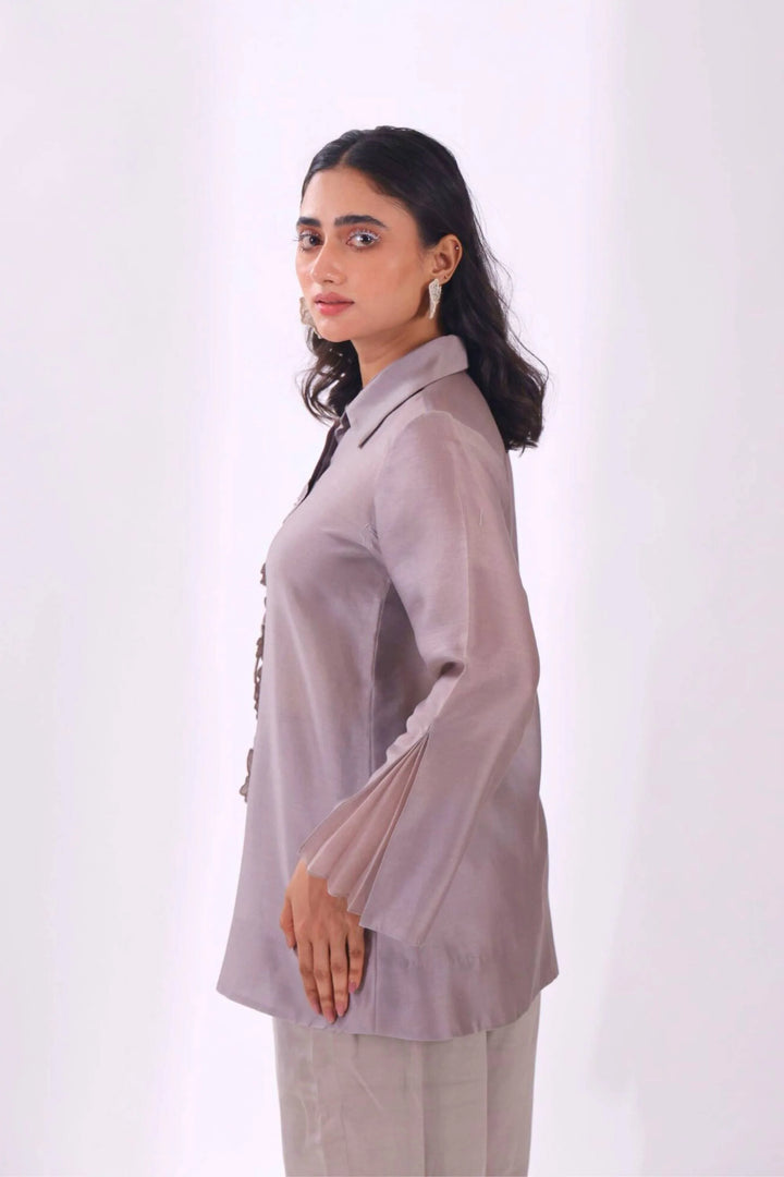 Grey Front Placket Chanderi Shirt