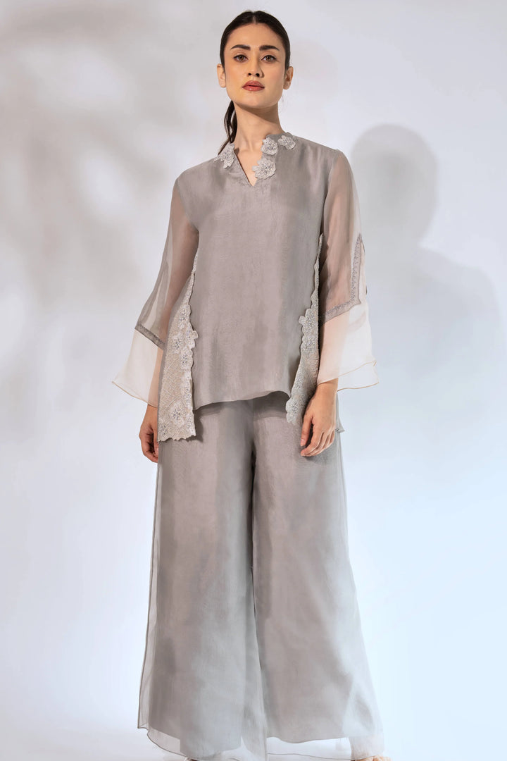 Grey Front Overlap Organza Top With Pant and Slip