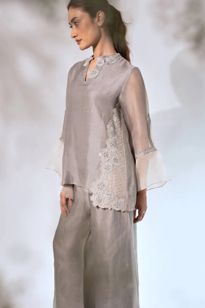 Grey Front Overlap Organza Top With Pant and Slip