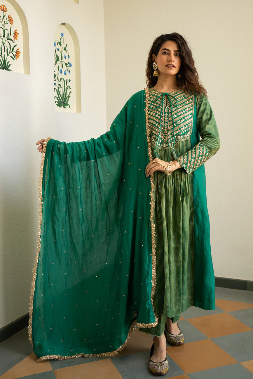 Green Tissue centre gathered A-line Kurta set