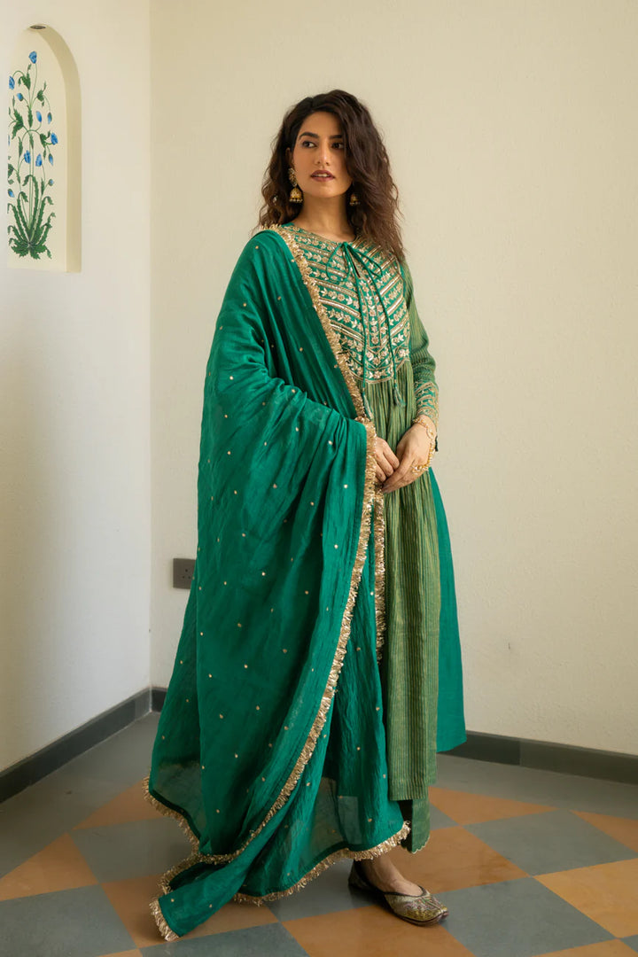 Green Tissue centre gathered A-line Kurta set