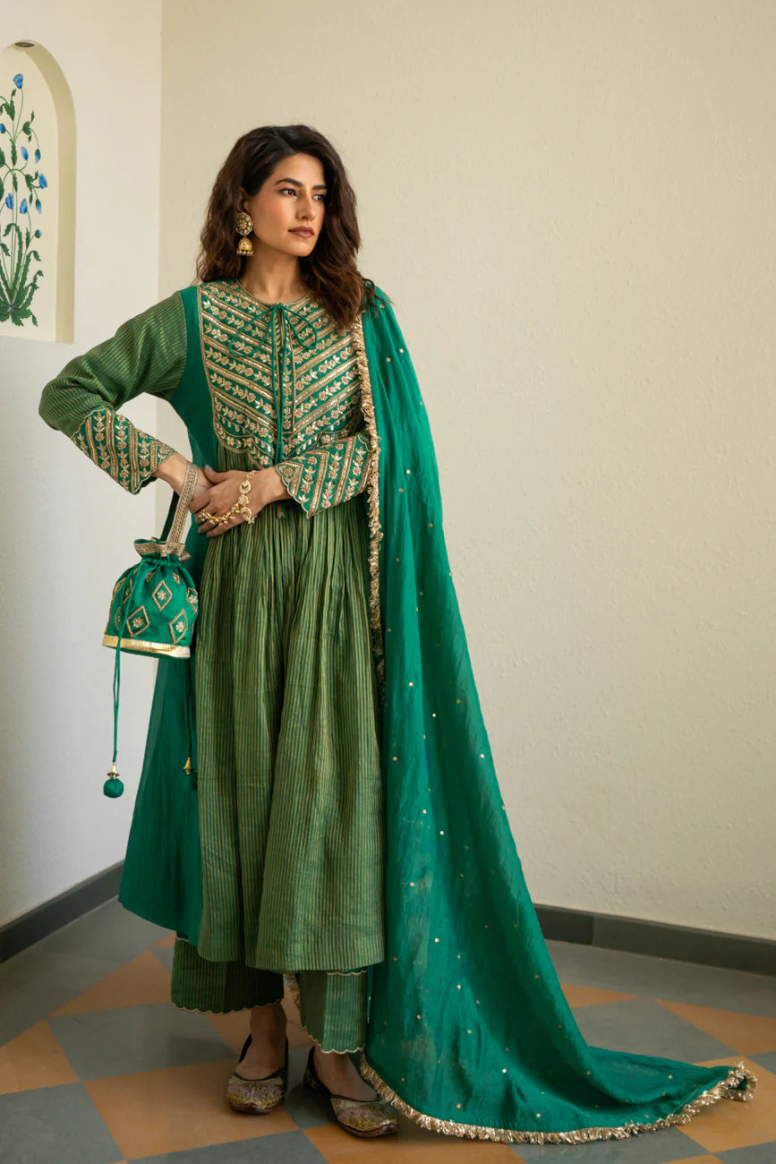 Green Tissue centre gathered A-line Kurta set