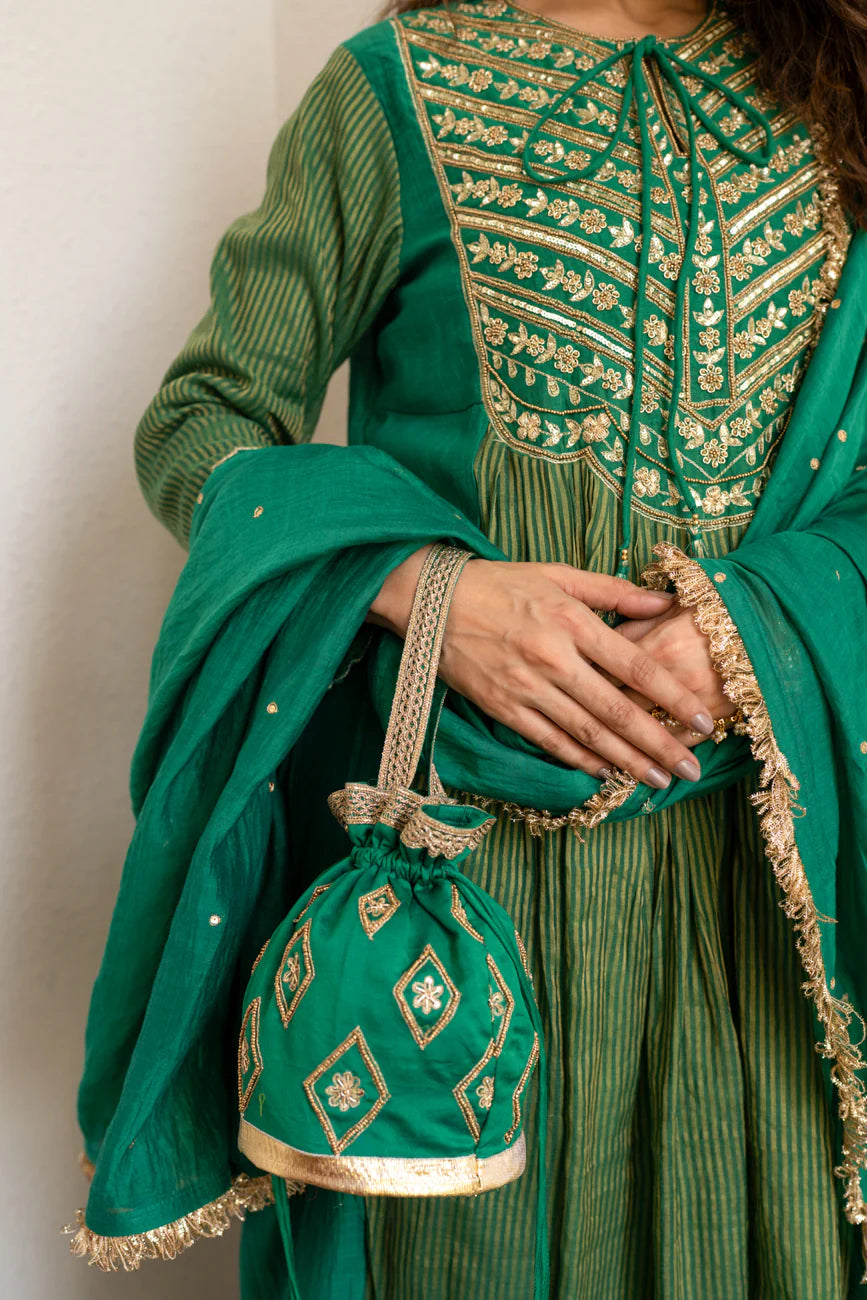 Green Tissue centre gathered A-line Kurta set