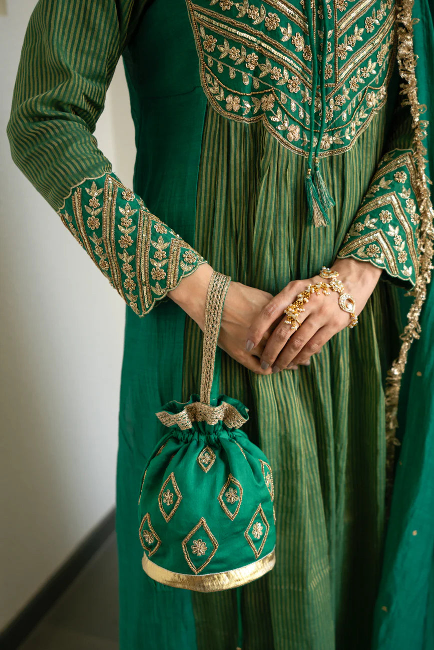 Green Tissue centre gathered A-line Kurta set