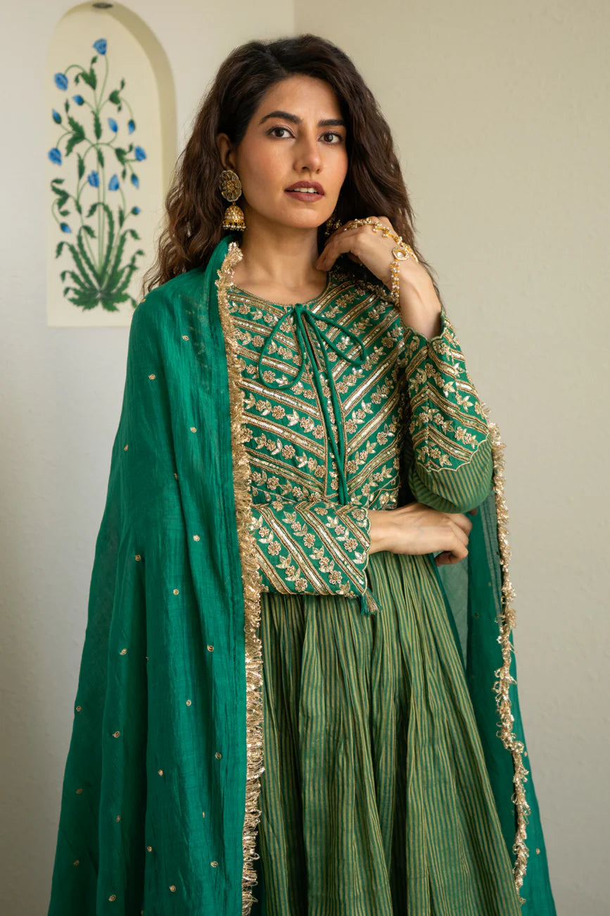 Green Tissue centre gathered A-line Kurta set