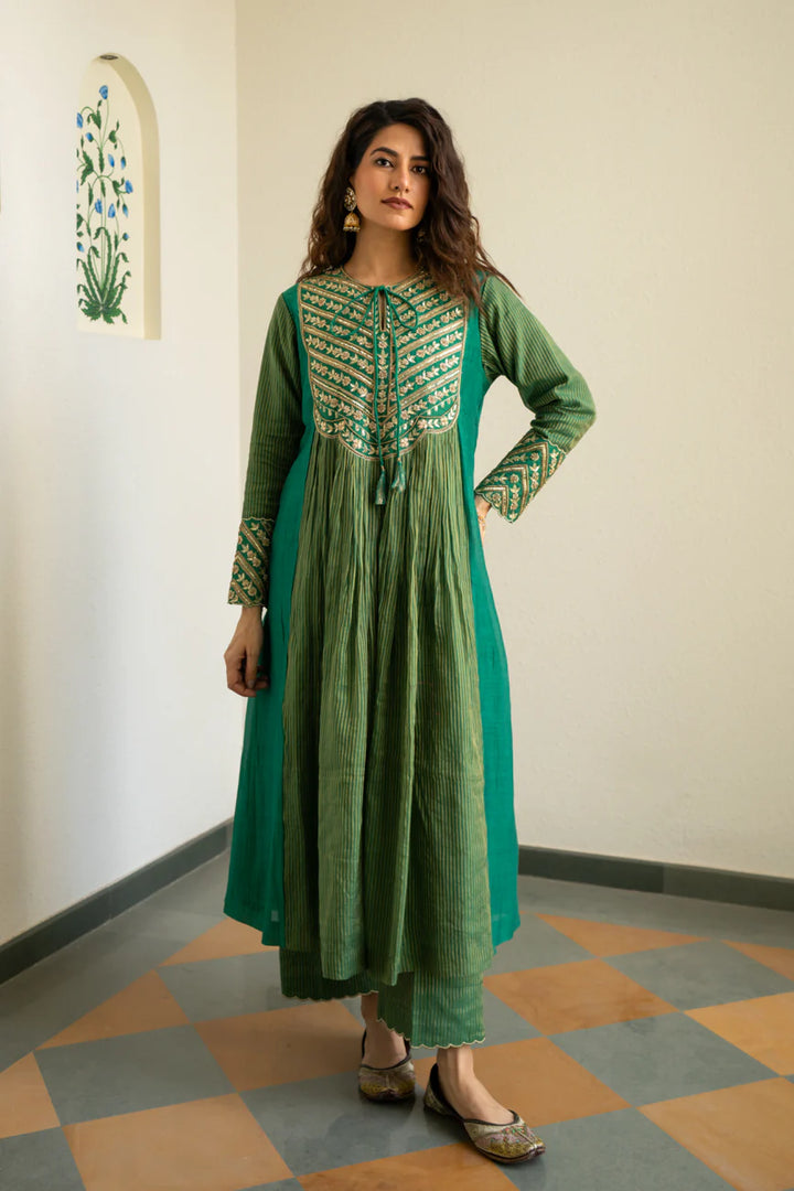 Green Tissue centre gathered A-line Kurta set