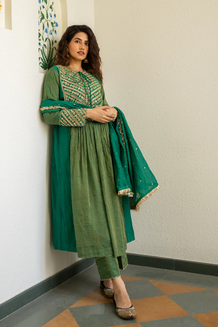 Green Tissue centre gathered A-line Kurta set