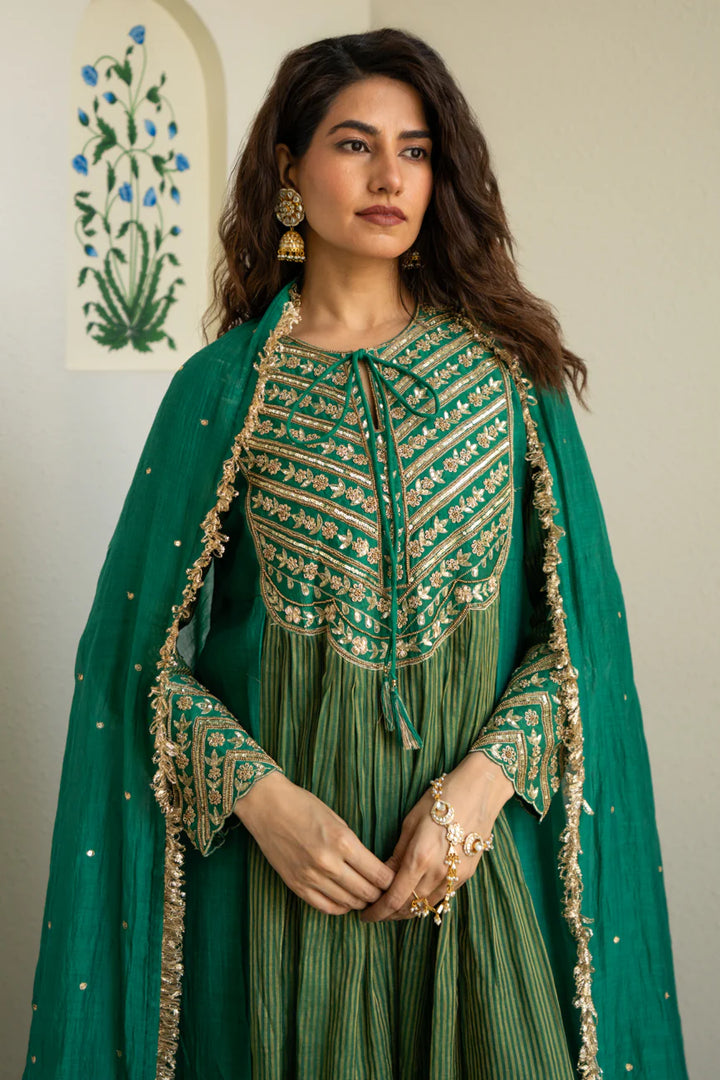Green Tissue centre gathered A-line Kurta set