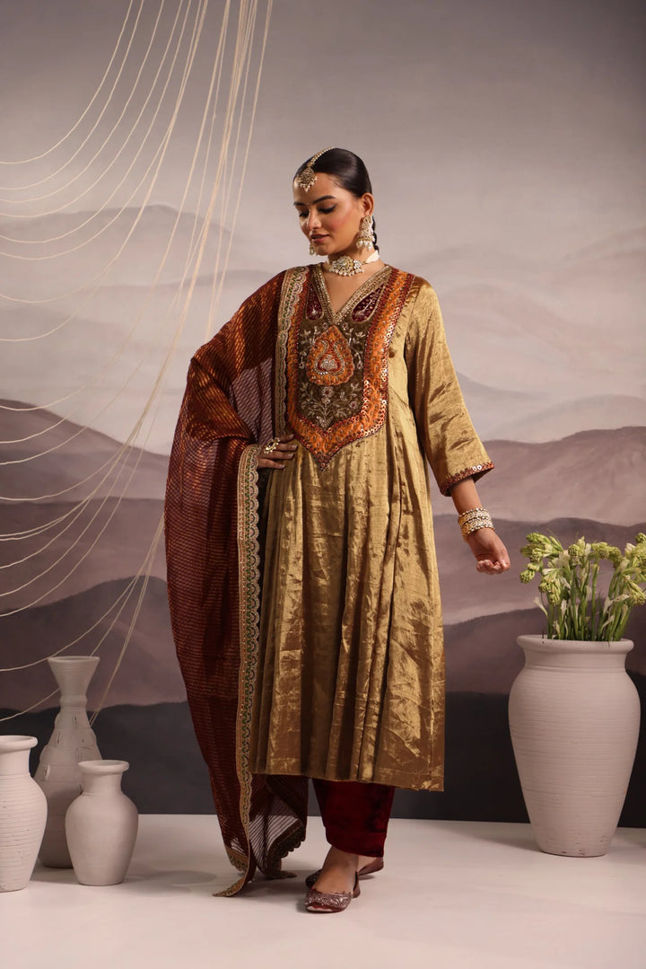 Gold Tissue Kalidar with Antique Look Yoke & Maroon Velvet Salwar