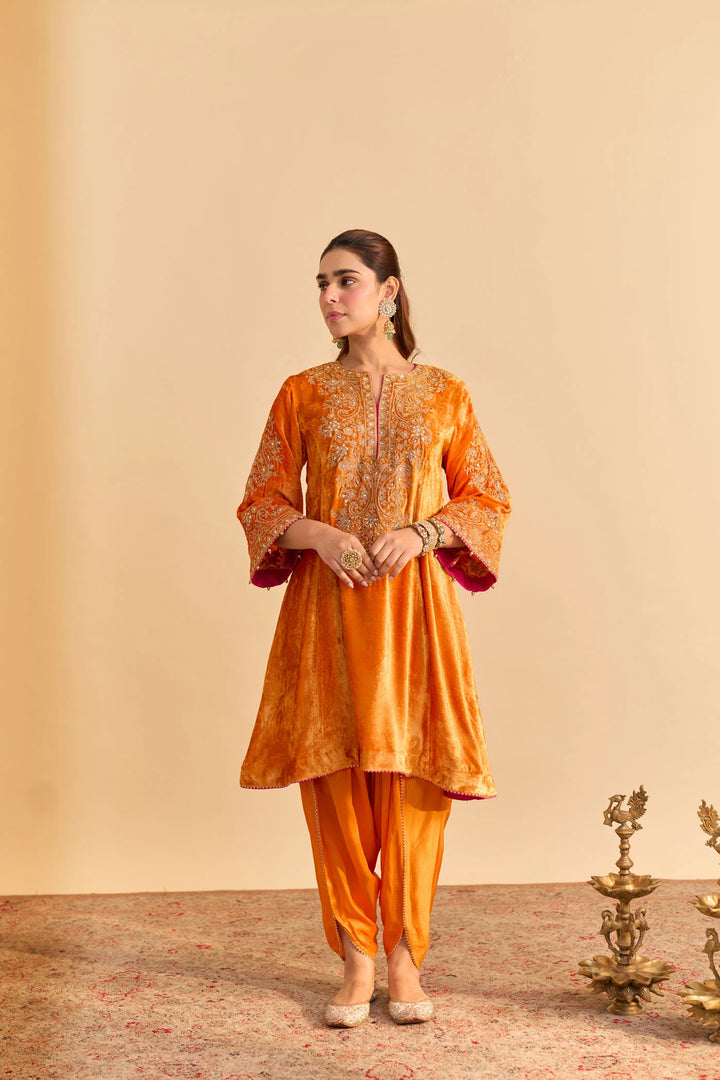 Eira - velvet Orange A-line Kurta with Dhoti