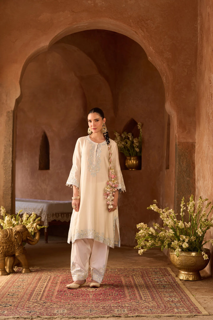 Hani - Daisy Ivory With Blue A-line Kurta With Salwar And Dupatta