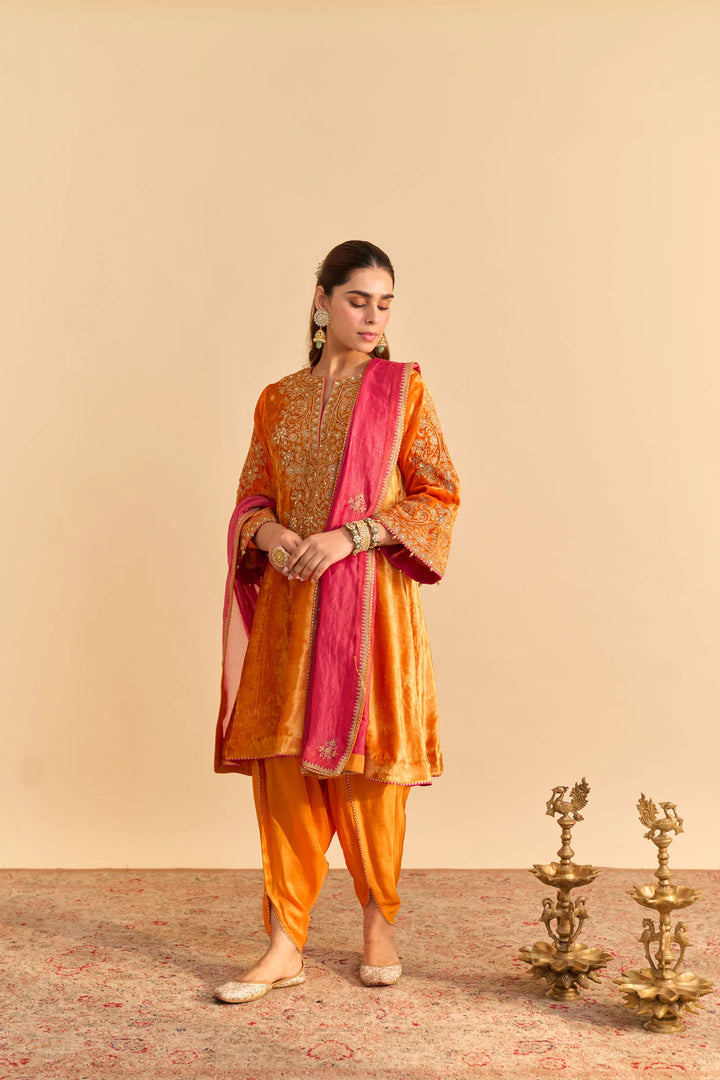 Eira - velvet Orange A-line Kurta with Dhoti