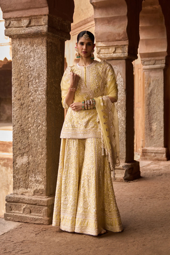 Heer - Lemon Yellow Short Kurta With Sharara And Dupatta