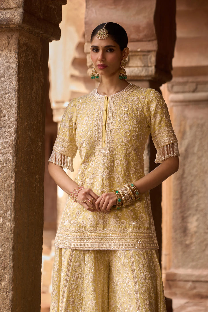 Heer - Lemon Yellow Short Kurta With Sharara And Dupatta