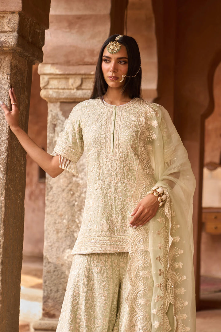 Heer - Mint Green Short Kurta With Sharara And Dupatta