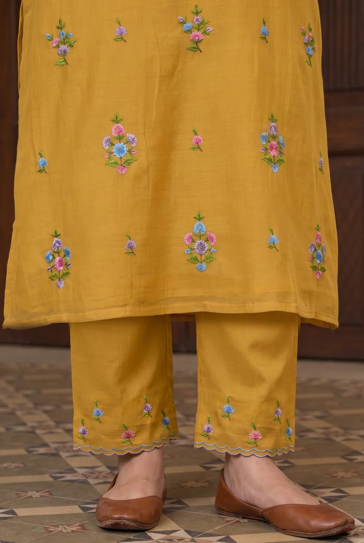 Veya Thread Embroidered Kurta Set in Vintage Yellow