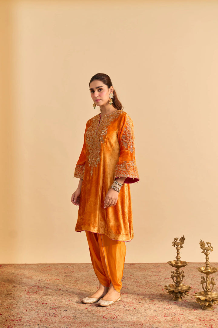 Eira - velvet Orange A-line Kurta with Dhoti