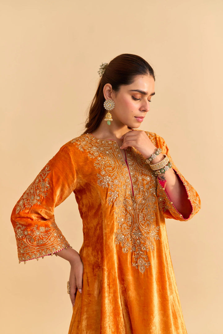 Eira - velvet Orange A-line Kurta with Dhoti