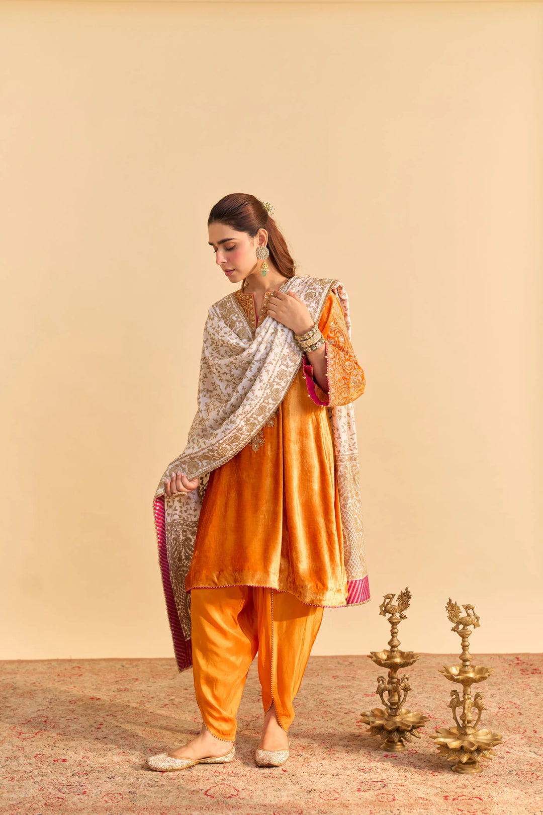 Eira - velvet Orange A-line Kurta with Dhoti